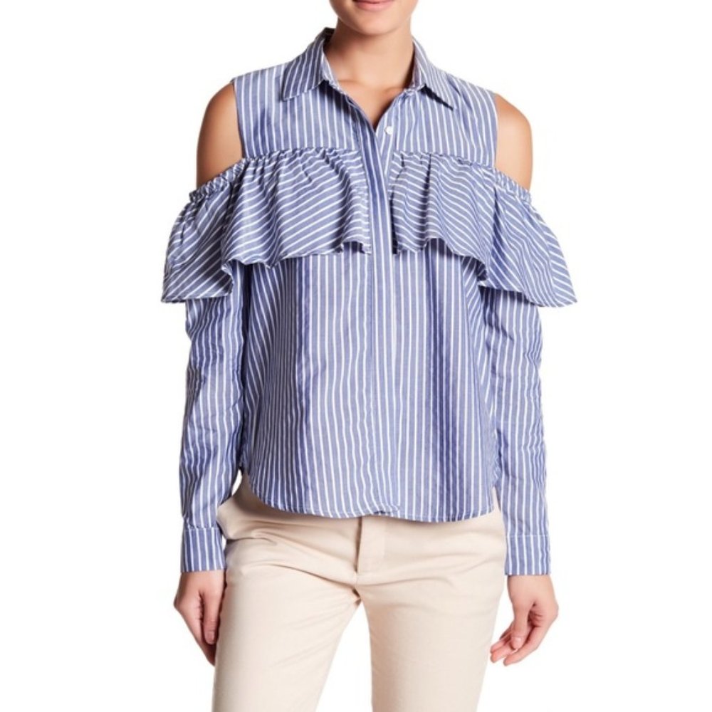 Harlowe & Graham Blue White Striped Cold Shoulder Long Sleeve Button Down Blouse